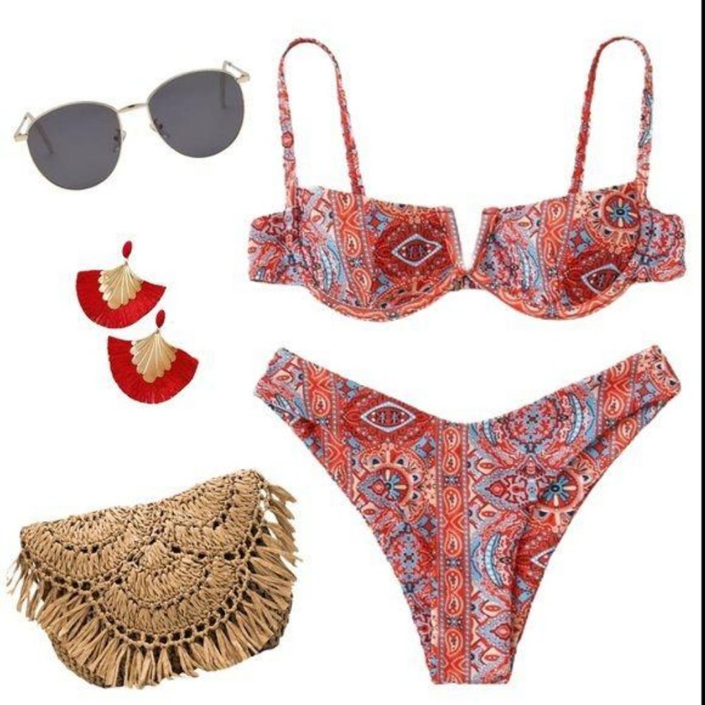 boho tribal print underwire v bikini red orange